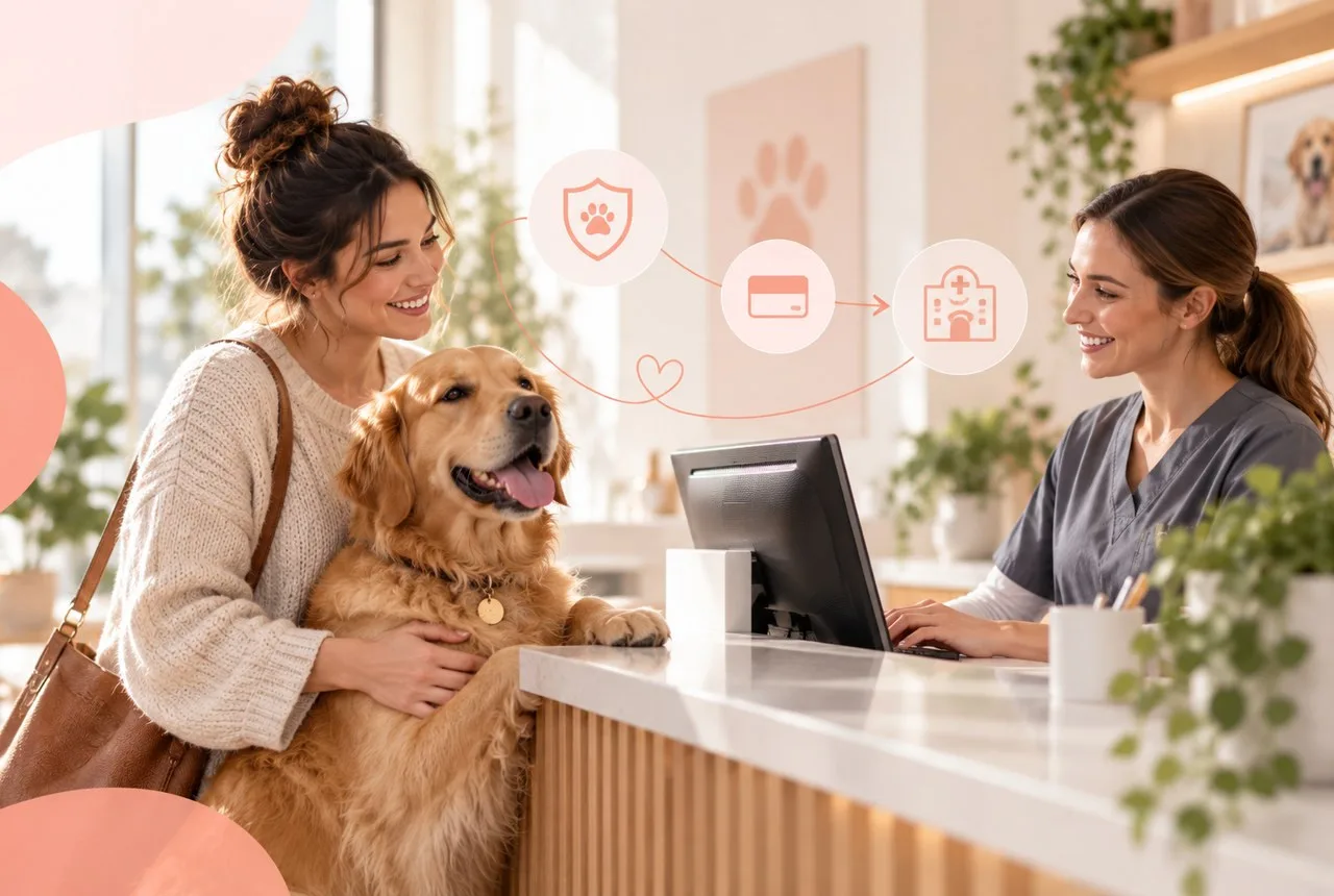 Veterinarian discussing paperwork with a dog owner at a clinic